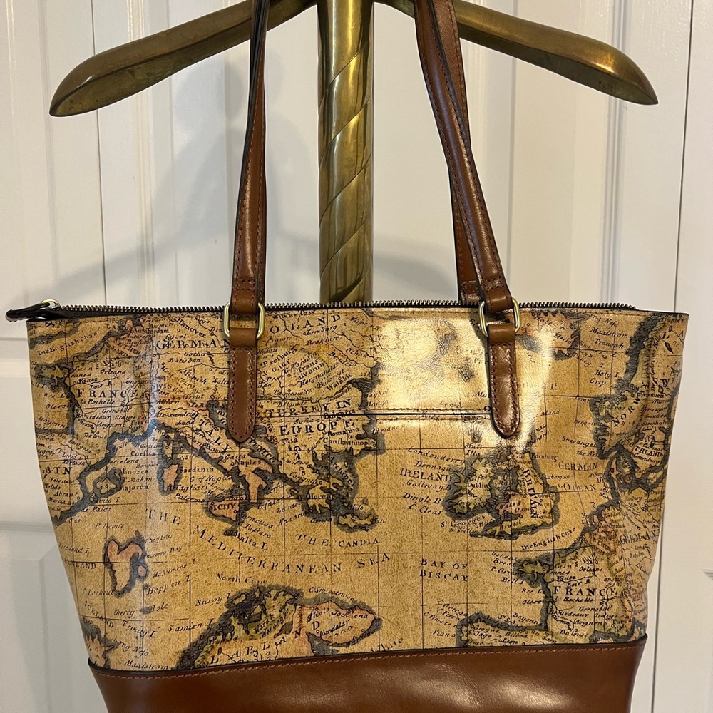 Classic Map Print Tote with Brown Accents